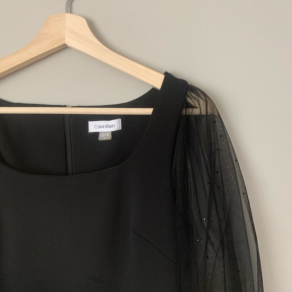 {Calvin Klein} Black Sheer Puff Sleeve Dress - Picture 3 of 7